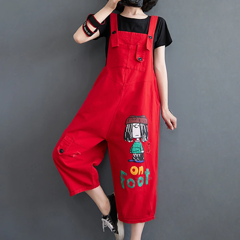 Summer Cartoon Print Denim Overalls Women Clothing Loose Fashion Hole Jumpsuits Female Red Jeans Rompers Streetwear 2022 New