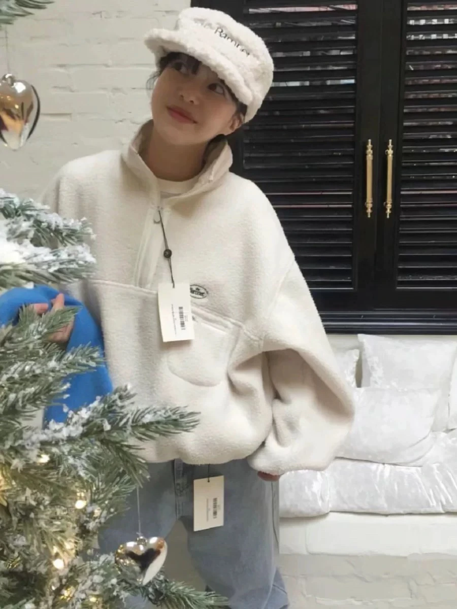 Korean Sle Thebarnnet Women's Sweatirt Letter Embroidery f Zipper Fce Jaet Sweet Sle Loose Fit Regular Length