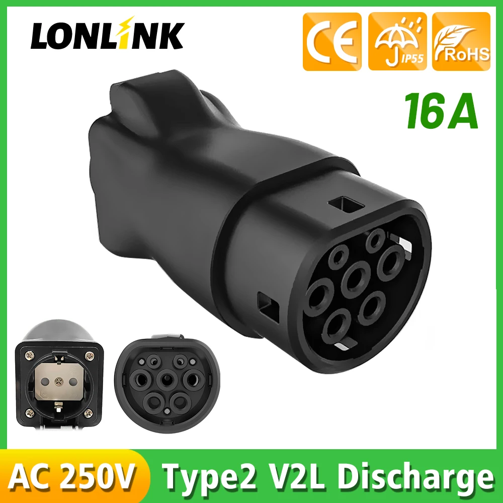 LONLINK Type2 V2L Discharger Adapter Socket Electric Car Vehicle Discharger Evse EV Charger For Car Accessories Connector