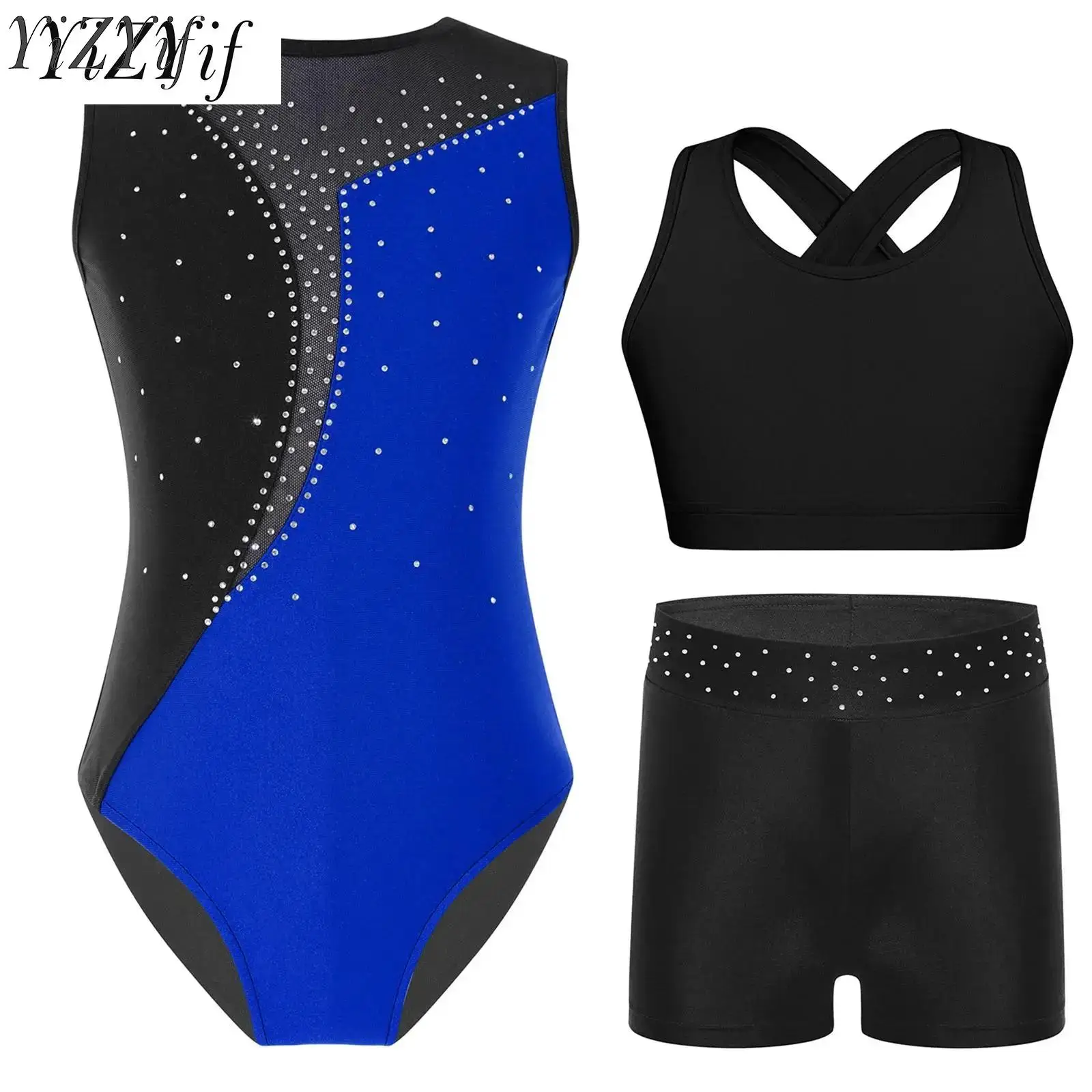 

Kids Girls Ballet Dance Sets Sleeveless Rhinestone Gymnastics Workout Dance Leotards Sports Tracksuit Bra Top with Shorts Suit