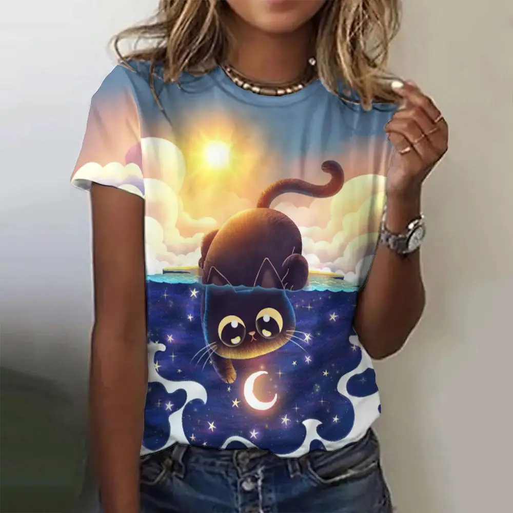 

Fashion Printed Cartoon Black Cat Pattern Women's T-Shirt Casual Summer Loose Round Neck Oversized Short Sleeve Top 2024