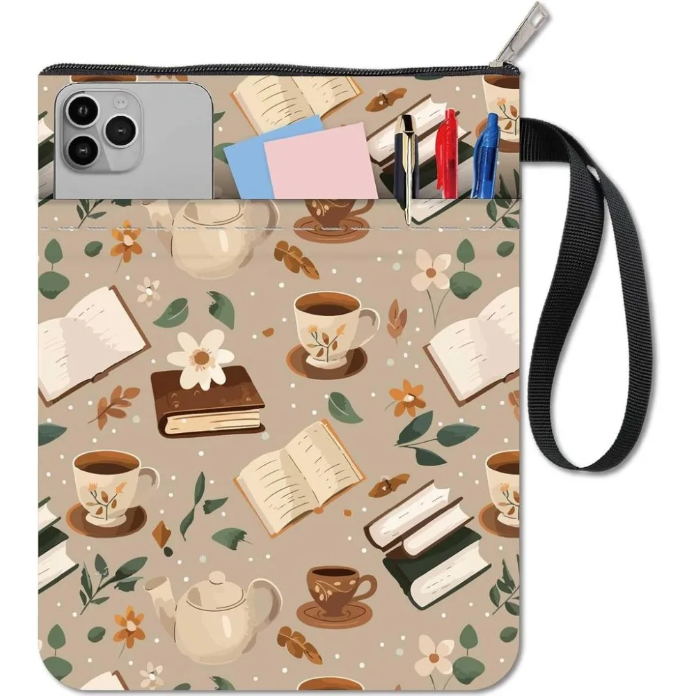 Coffee Book Sleeve Cloth Book Cover Bag with Zipper and Extra Sleeve Cloth Tea Set Leaves Protector Washable Wrap