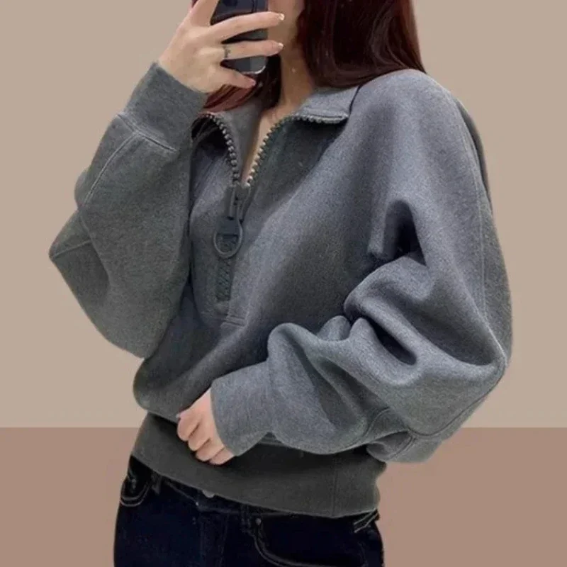 Women\'s Sweatshirts Grey Cropped Female Top Spring and Autumn Novelty Emo Youthful Clothes Y2k Style Korean Popular M Pullovers