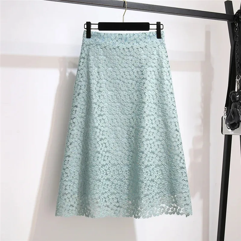 Elegant Lace Skirts Female 2023 Summer New Style Hollow Flower Temperament Fashion Green A-line Skirt For Women Vetement Femme