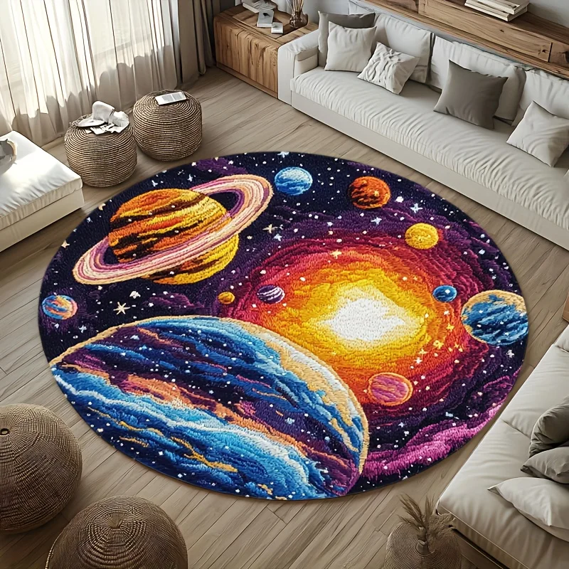 Flannel Printed Round Rug Solar System Planets Design Colorful Galaxy Theme Kids Room Decor Soft Floor Mat For Children Play