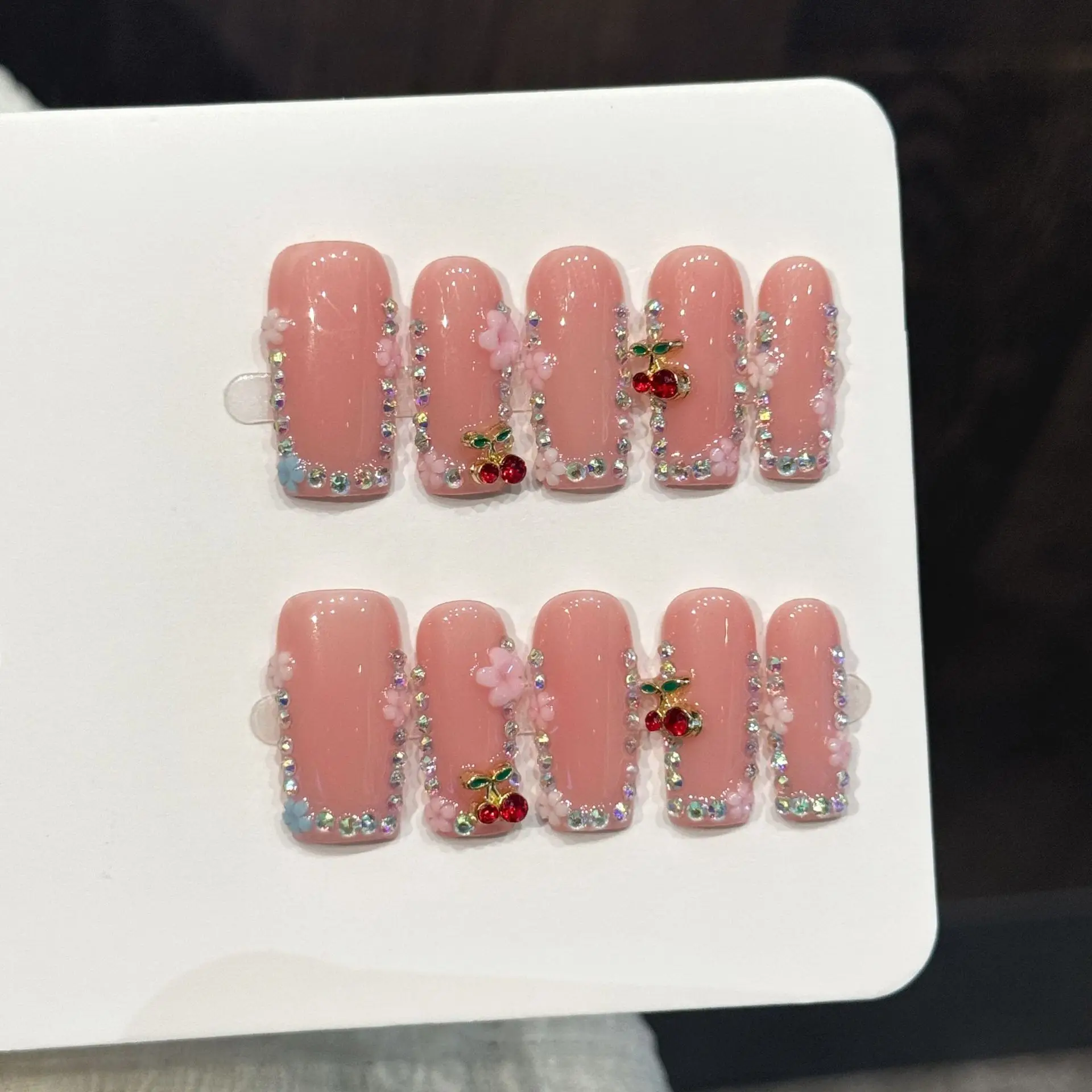 10pcs Handmade Long Square Press On Nails Nude Pink 3D Cherry Rhinestone Design Sweet Cool Fake Nails Wearable Nails Spice Girls
