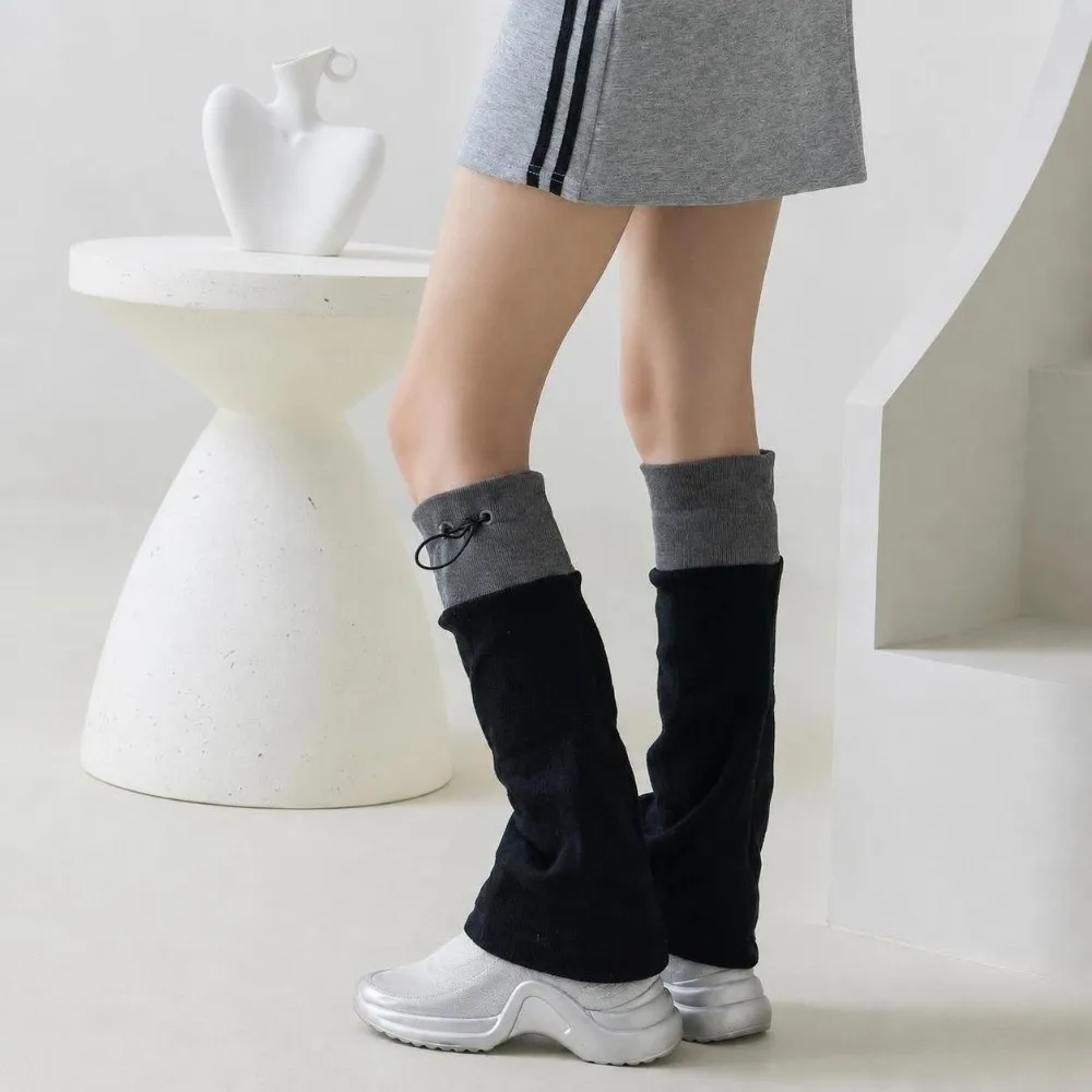1 pair New Middle Tube Leg Warmers Gray Spliced Breathable Foot Cover Adjustable Buckle Drawstring Closure Calf Socks Women