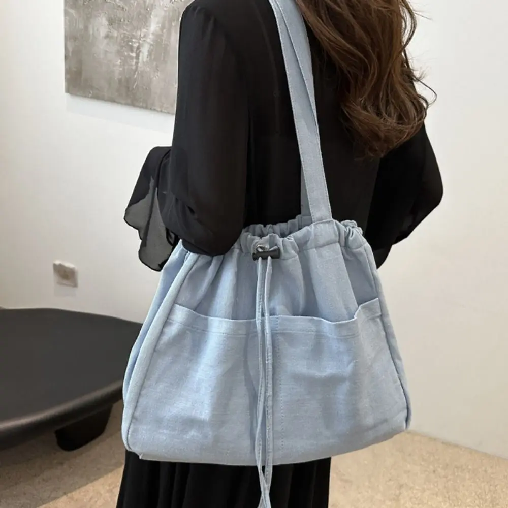 Simple Large Capacity Oxford Drawstring Shoulder Bag Casual All-match Denim Tote Bag Leisure Cowboy Canvas Bucket Bag Outdoor