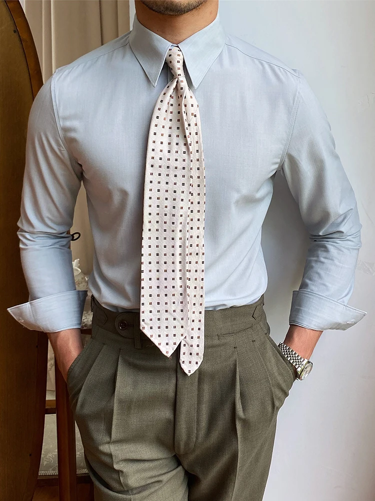 High-End Autumn Men's British Business Large Pointed Collar Solid Color Long-Sleeved Shirt Korean Style Casual Shirt
