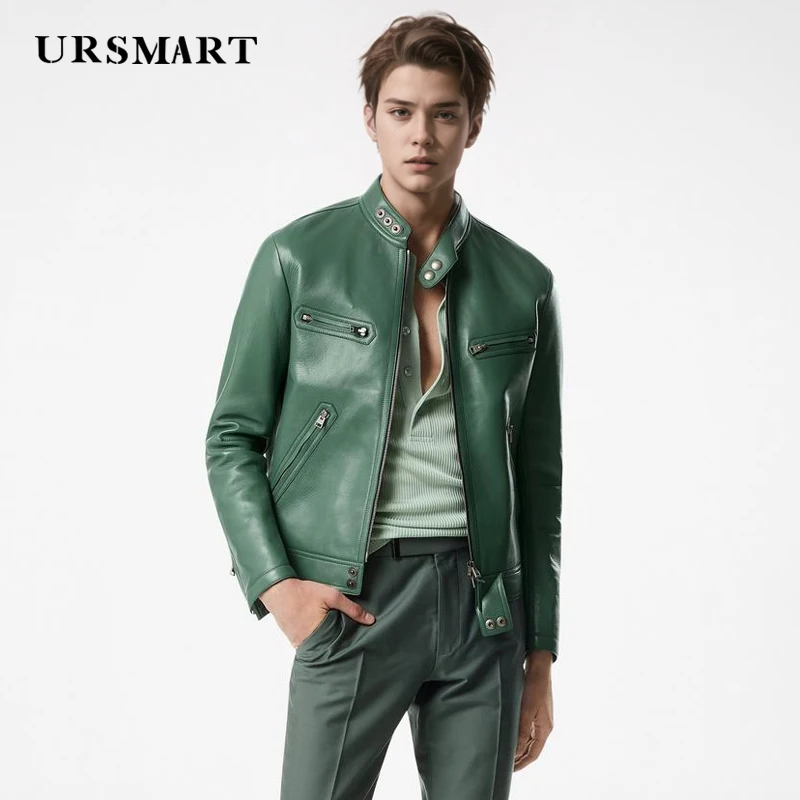 

Men's High-Quality Short Standing Collar Leather Jacket - British Fashion Custom Green Sheepskin Coat