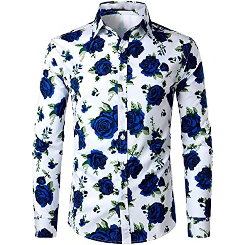 New Style 3D Print Rose Floral Graphic Shirts For Men Turndown Long Sleeve Button Down Casual Shirt Mens Loose Breathable Blouse