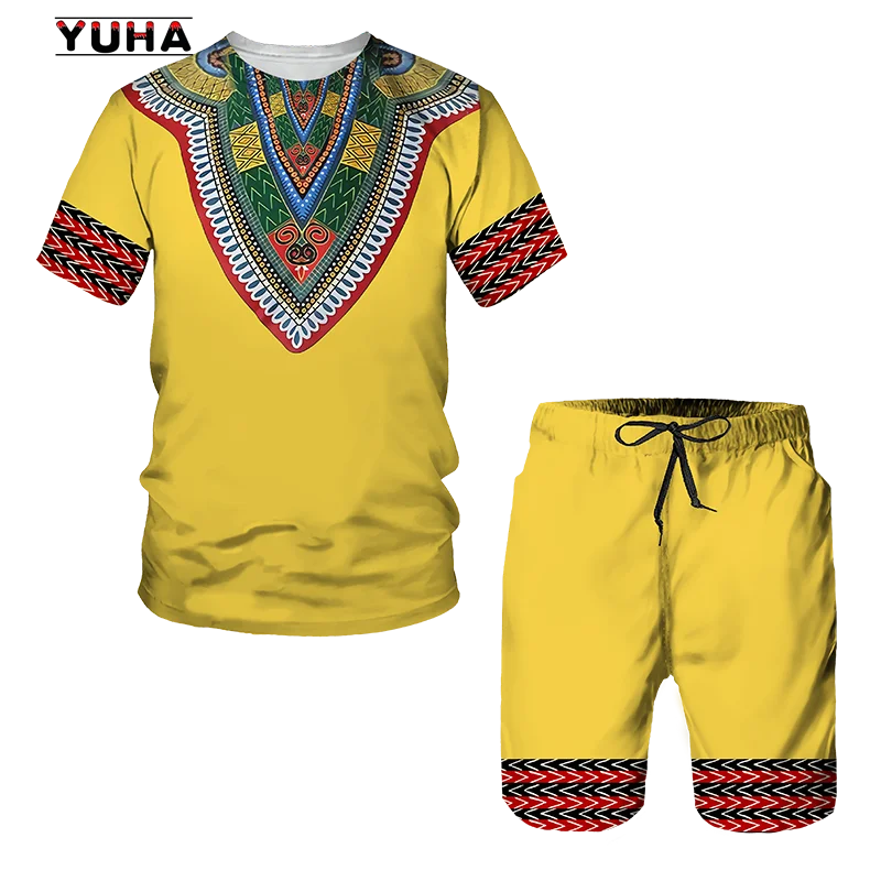 YUHA,Summer 2-piece Set 2022 New 3D Print African Tshirt For Men Shorts Suits Vintage Clothes Men Hip Hop T Shirt Conjunto Mascu