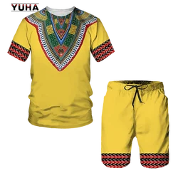 YUHA-Ensemble 2 pièces d'été pour hommes, T-shirt africain imprimé en 3D, Costumes shorts, Vêtements vintage, T-shirt Hip Hop pour hommes, Conjunto Mascu, 2022 Nouveau