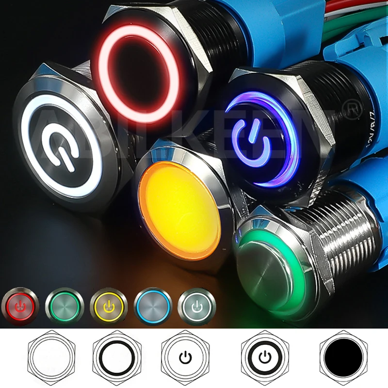 E 10PCS Tri-color 12V 16mm 19MM 22mm Bi-color led switch Momentary ON OFF Latching Waterproof  Metal RGB Push Button Switch