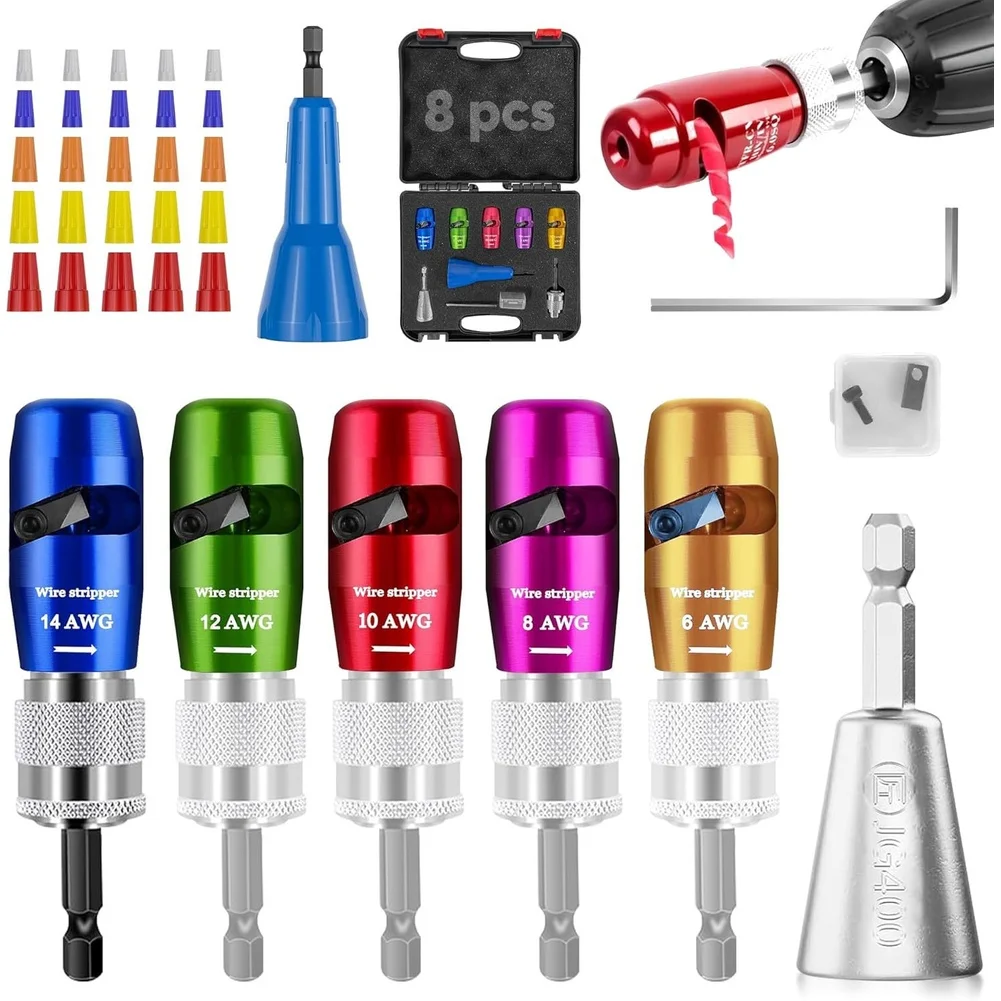 Wire Stripping and Twisting Tool Kit 8pcs for Electric Drills Adjustable Length 10 50mm Precision Cable Preparation