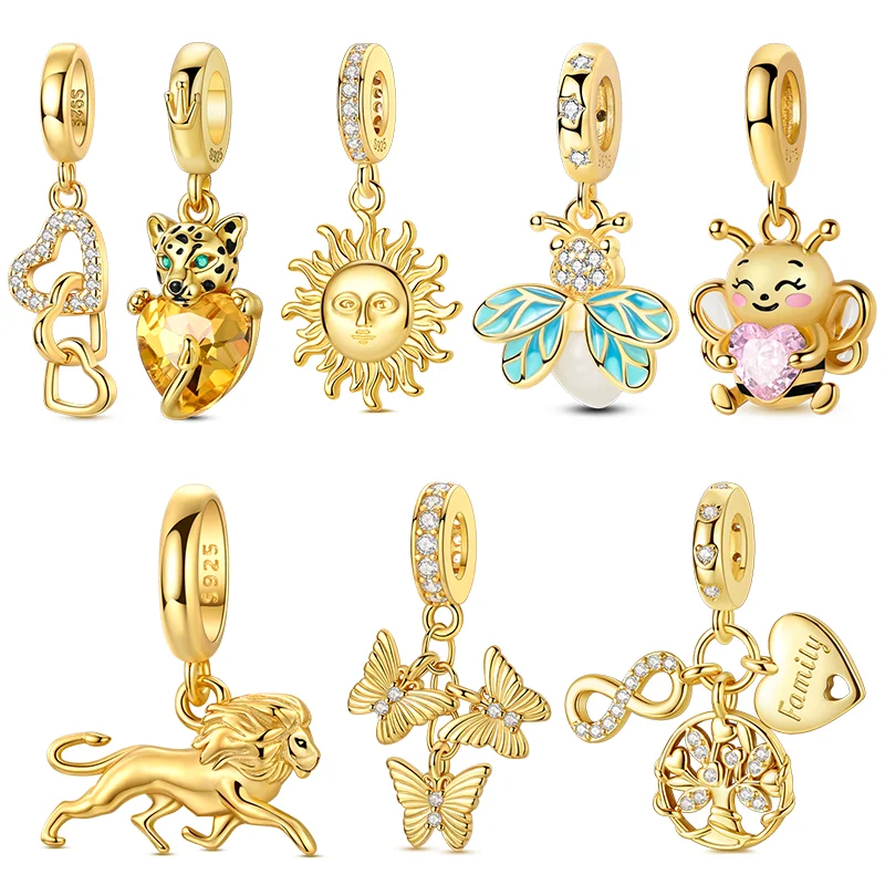 925 Sterling Silver Gold Color Charms Beads Leopard Butterfly Firefly Bee Dangle Fit Original Bracelet Women Jewelry Gift DIY