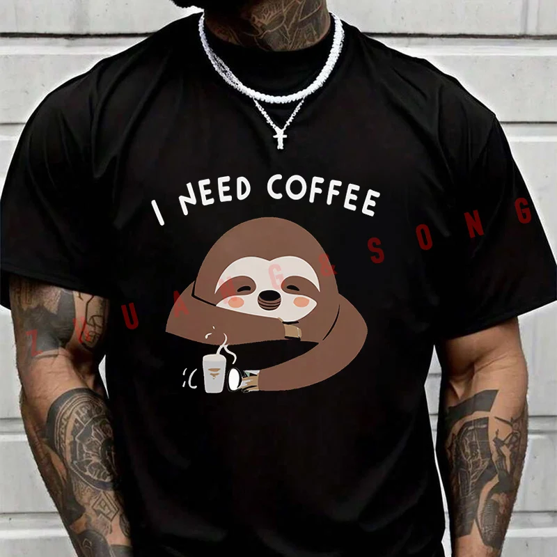 

Футболка Sloth I Need Coffee для мужчин, уличная одежда в стиле хип-хоп, повседневные модные топы унисекс с короткими рукавами