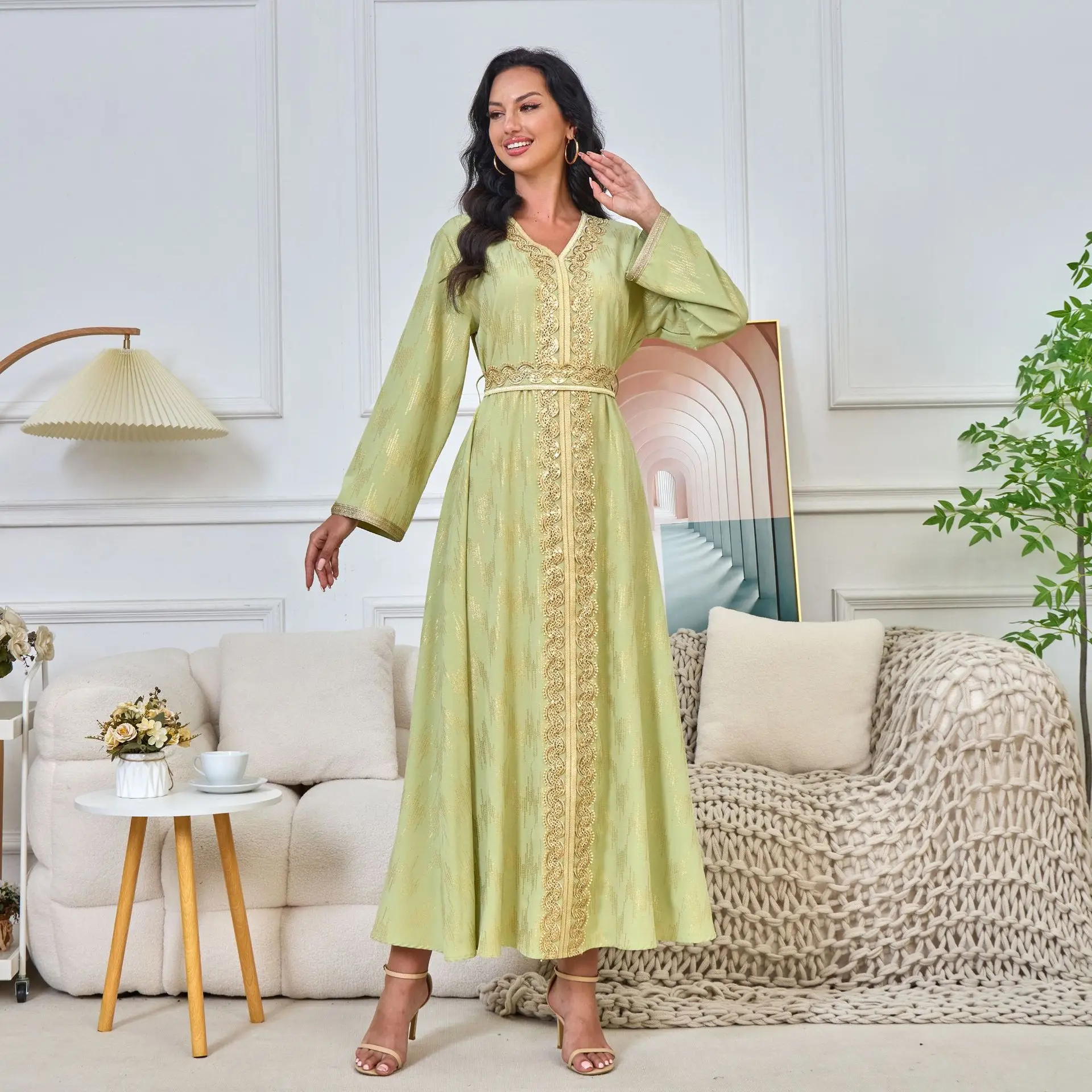 Robe de soirée élégante pour femmes musulmanes, col en V, manches longues, abayas stérilie dubaï, vêtements islamiques à lacets, robes caftan pour femmes