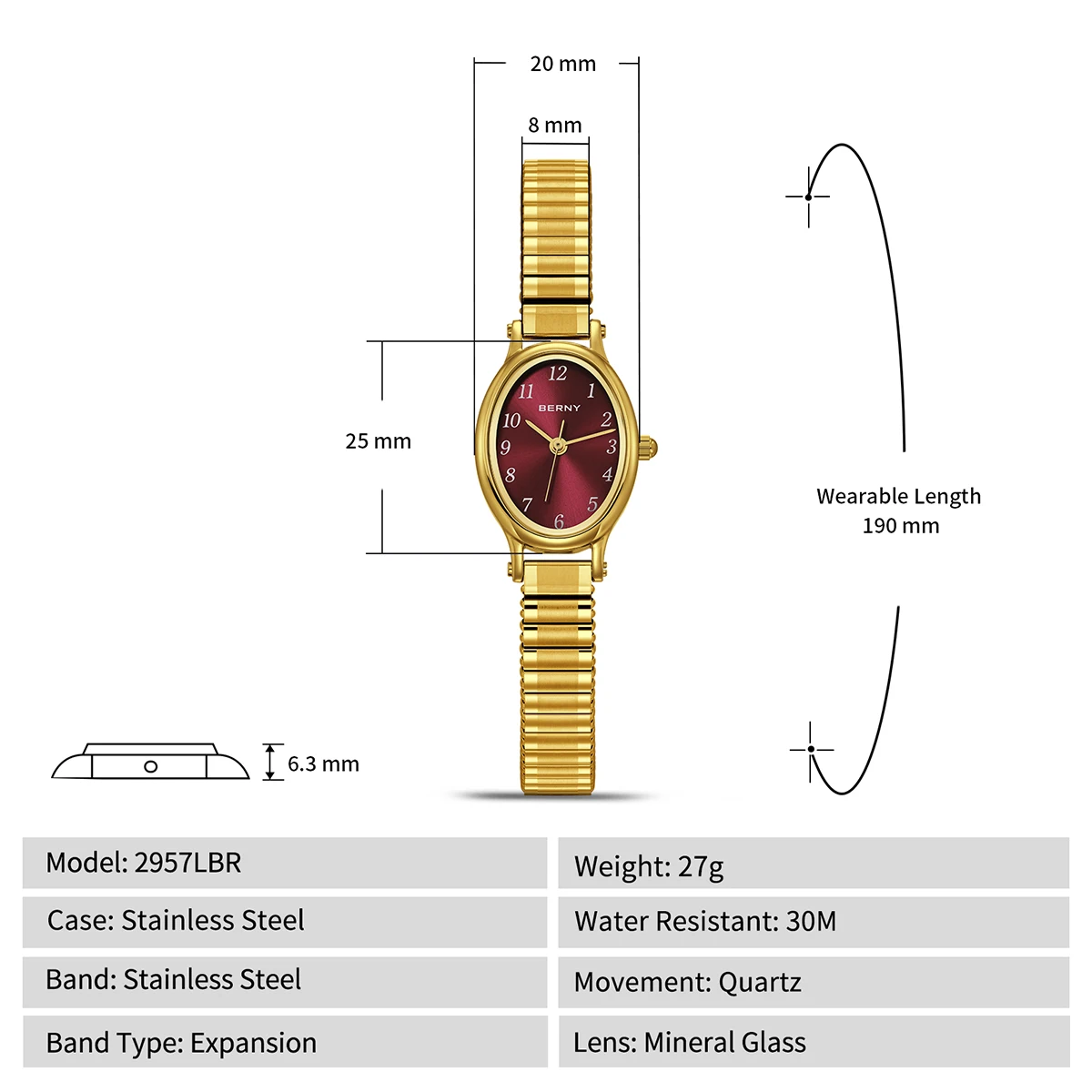 BERNY Goldene Uhren für Damen, luxuriöses goldenes elastisches Armband, elegante, leicht ablesbare Damenuhr, Stretch-Armband, Kleiderarmbanduhr – Detail 2