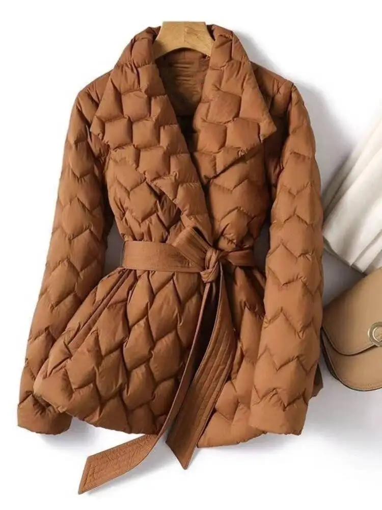 

New In Winter Women's Coat Elegant Water Ripple Quilted Lightweight Down Cotton Jacket With Lapel Waist Cinched Commuting Top
