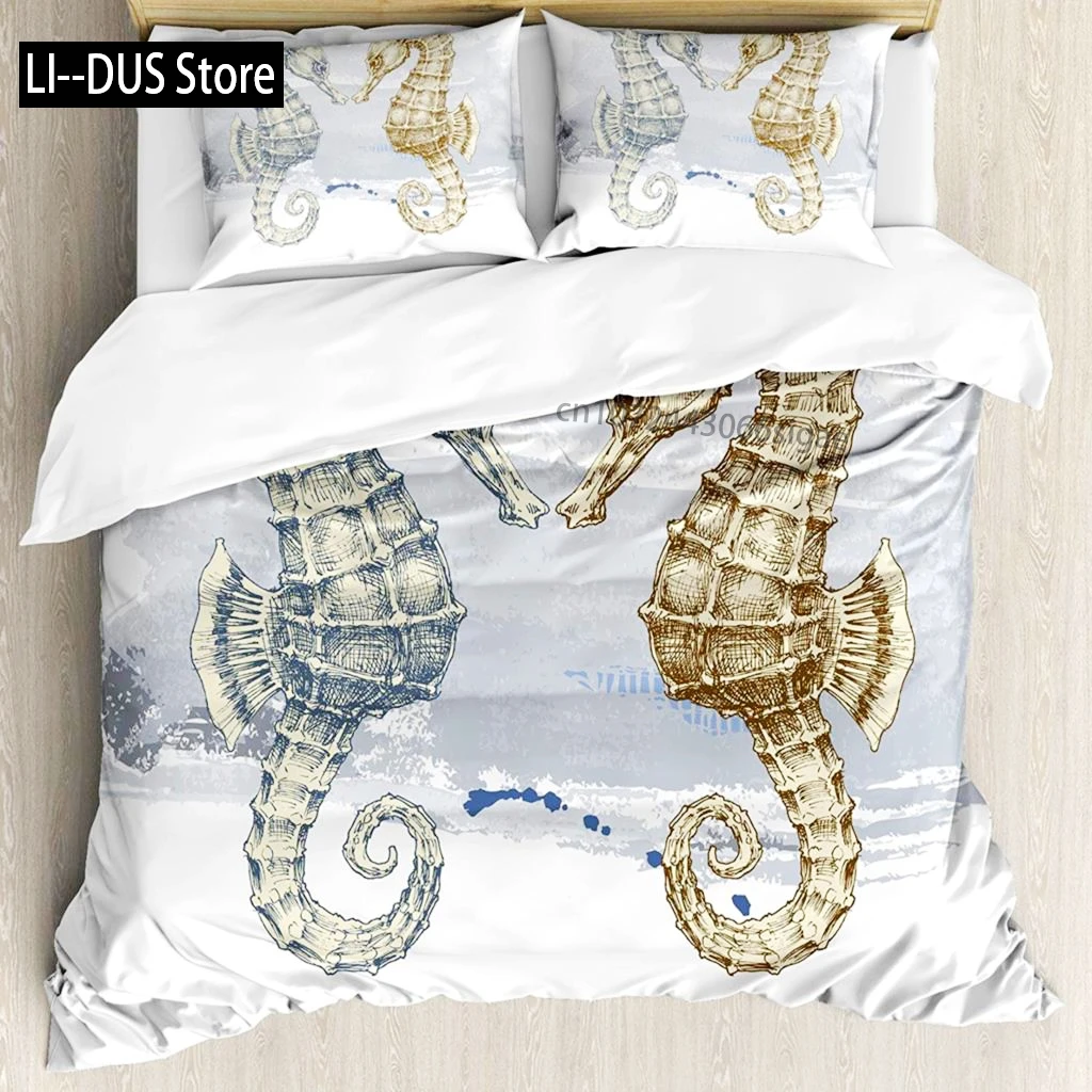 

Seahorse Bedding Set Ocean Animal Duvet Cover Underwater World Orange Coral Marine Life Sea Urchin Soft Women Kid Bedroom Decor
