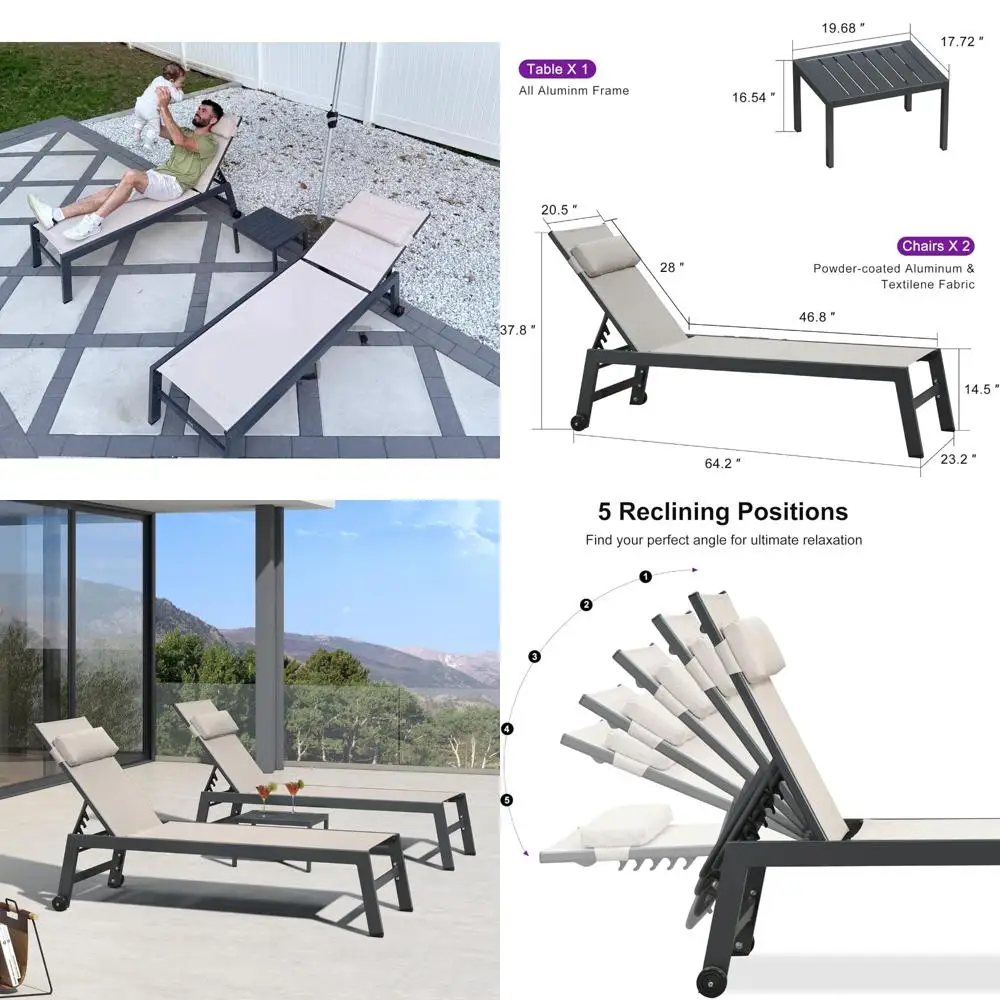 Aluminum Patio Chaise Lounge Set with 3 Chairs, Side Table, and Wheels for Outdoor Sunbathing and Tanning