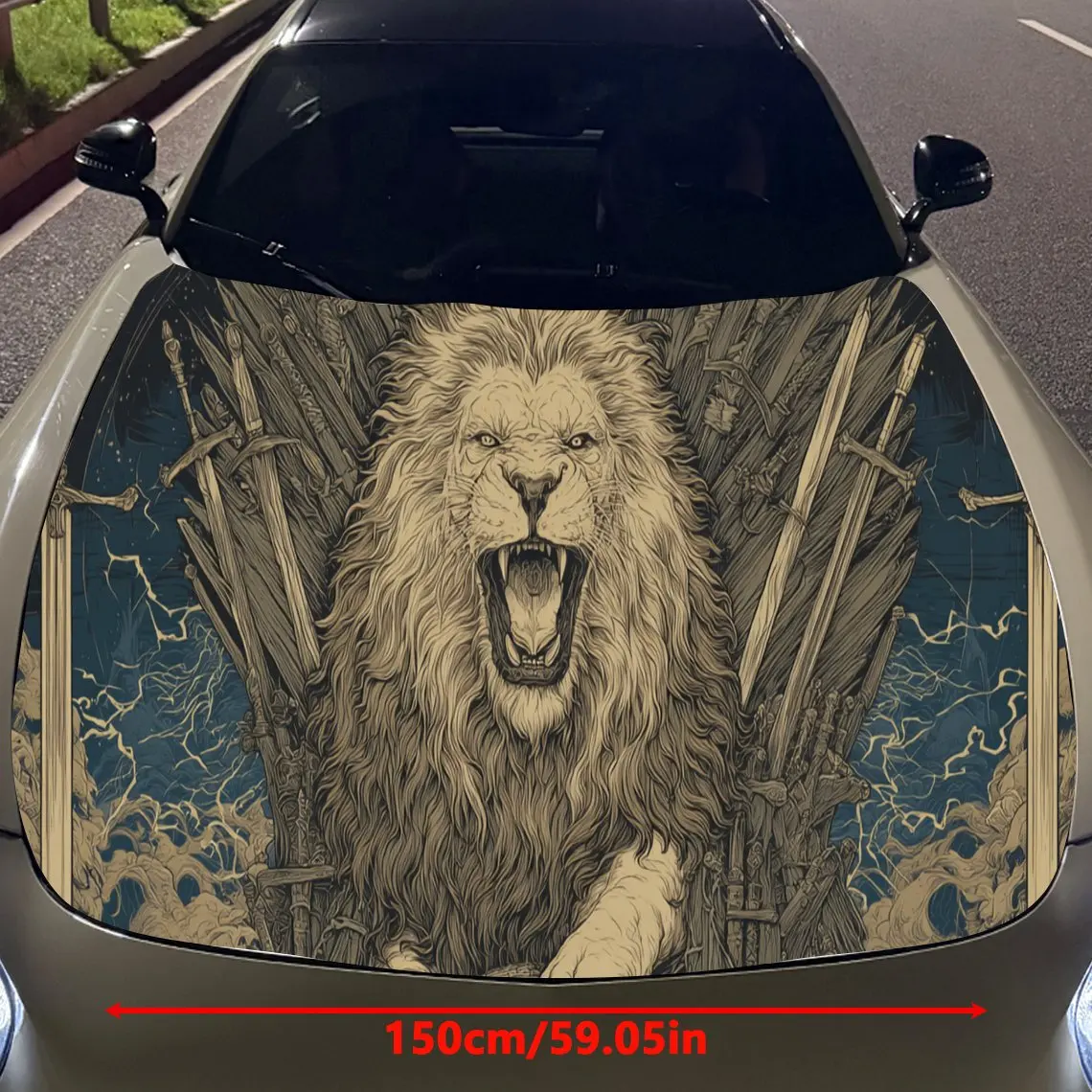 Dynamic Lion with Skulls and Swords Car Hood Sticker, Waterproof Self-adhesive Vehicle Vinyl Wraps Decal, Trendy Auto Exterior D