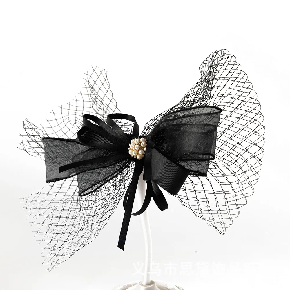 

Luxurious Elegant Butterfly Bow Mesh Headpiece Pearl Diamond Ribbon Hair Accessory Vintage Nylon Hair Clip Brooch Dual-use