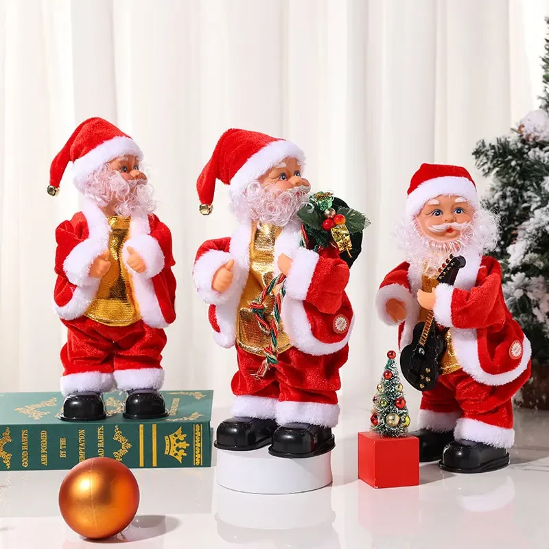 Navidad Musical eléctrico baile de cadera tocar guitarra muñeco de Papá Noel juguetes ornamento con música decoración de fiesta regalo para niños