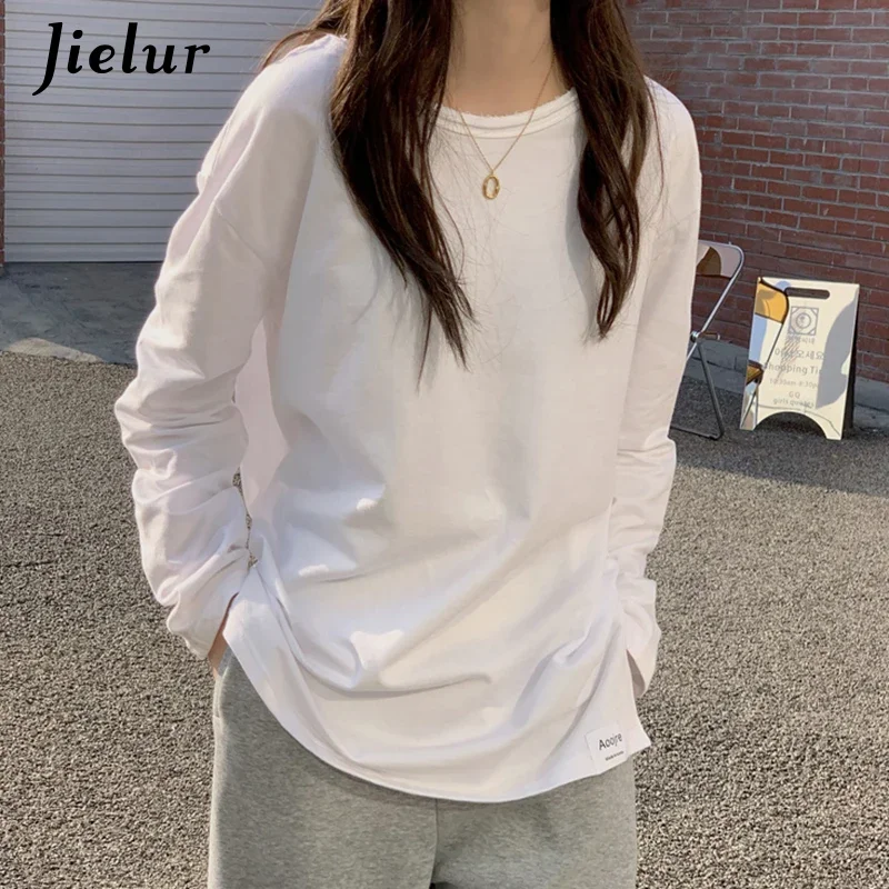 

Jielur Basic Long Sleeve Women's T-shirts Cotton O-neck Patches Split Pure Color White T-shirt Simple Casual Loose Top BF Female