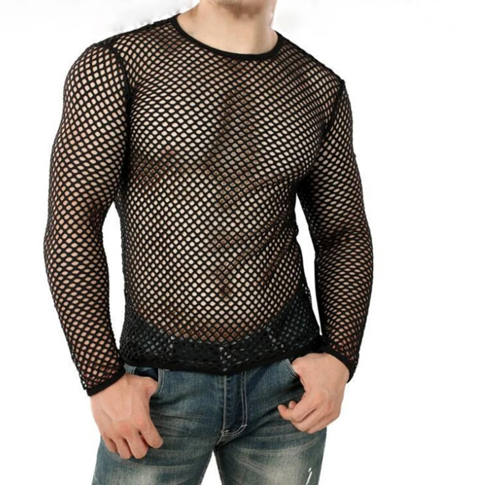 Men Transparent Sexy Mesh T Shirt 2024 New See Through Fishnet Long Sleeve Muscle Undershirts Nightclub Party Perform Top Tees