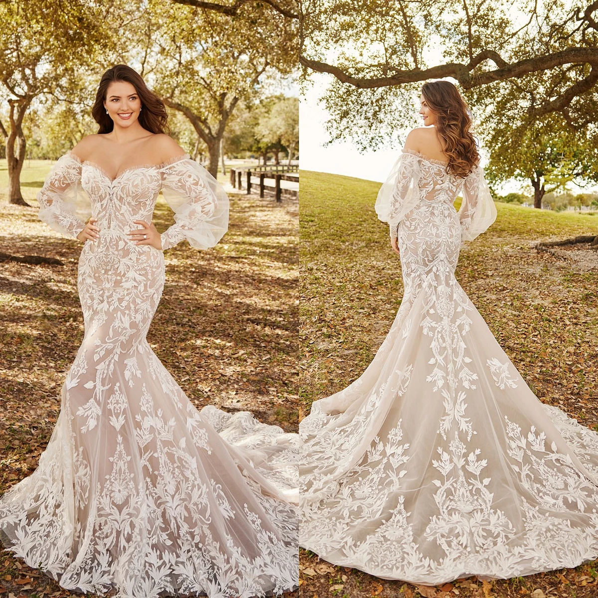 

Elegant Mermaid Wedding Dresses Long Sleeves V Neck Sequins Appliques 3D Lace Off Shoulder Zipper Plus Size Formal Bridal Gowns