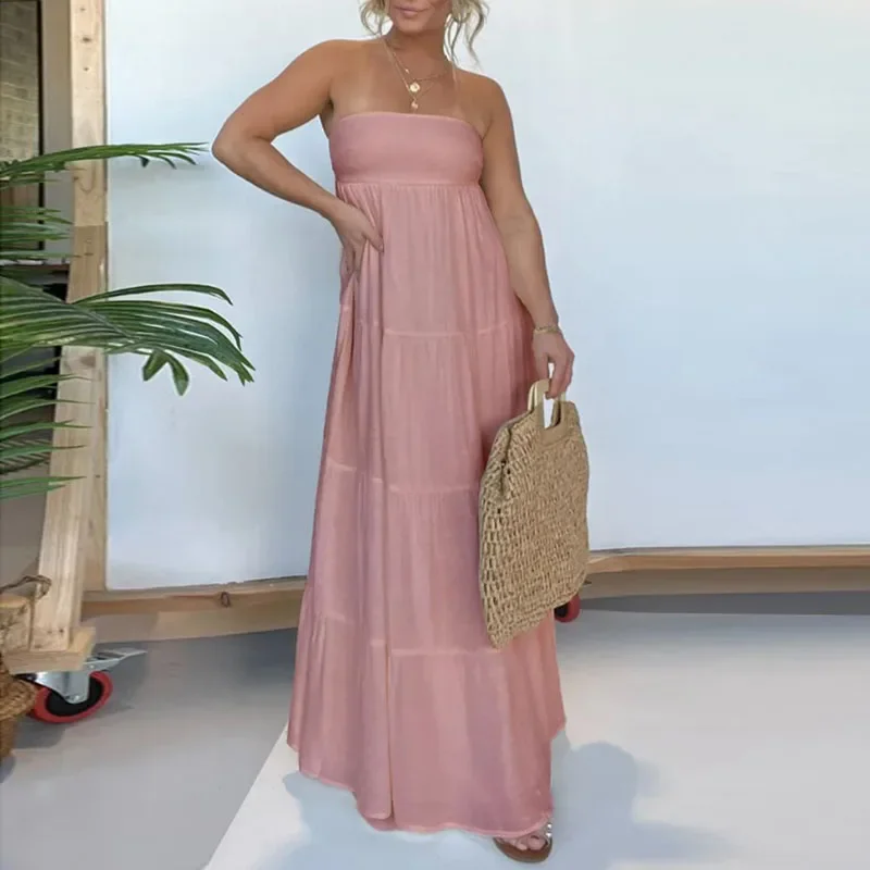 

Summer New Beach Party Long Dress For Women Sleeveless Lace-up Backless Sexy Strapless Loose Dresses Solid Color Casual Skirts