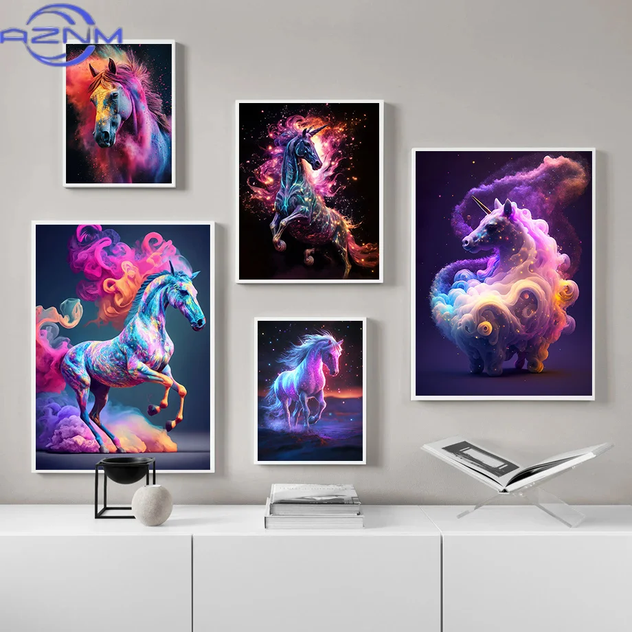 AZNM Mystery Colorful Creativity Horse Posters Cosmic Cloud Modern Prints Canvas Painting Wall Art Pictures Home Living Room Dec