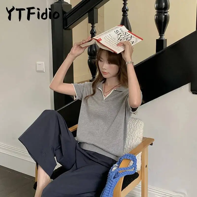 Ytfidio ملابس نسائية قطنية 100% بياقة بولو بألوان متباينة مقاس كبير 246