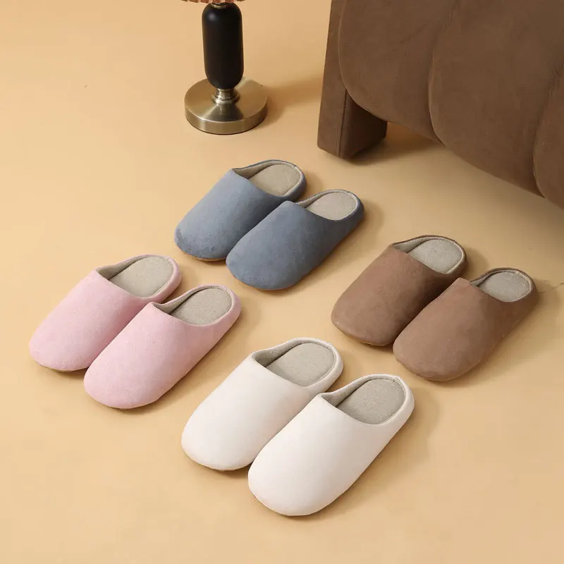 Women Men Four-Season Silent Soft Suede Cotton Slippers Anti-Slip and Breathable Indoor Slippers Ladies Gents Casual Mule Shoes
