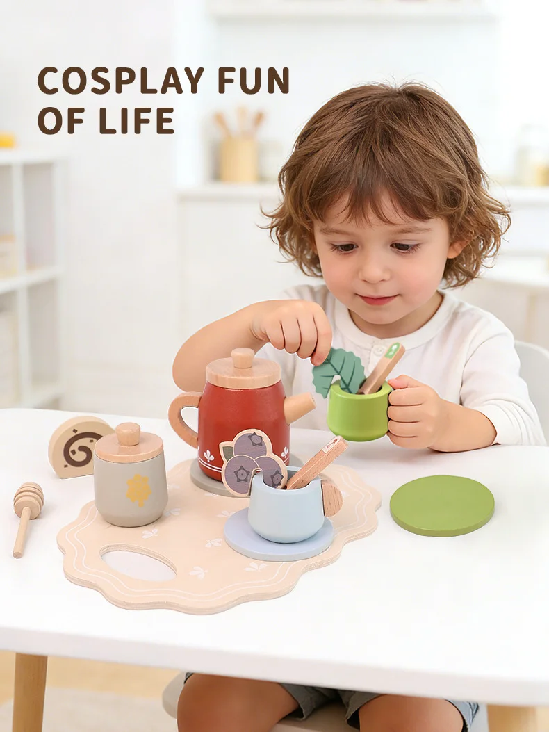 Wooden Pretend Play Afternoon Tea Set Kitchen Toy for Toddlers Montessori Educational Toy Simulation Food Playset Birthday Gift