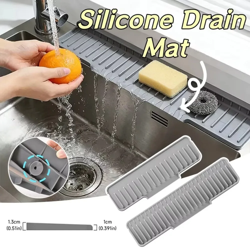 New Slope Sink Drain Pad Narrow Edge Silicone Countertop Drain Pad Splash Proof Anti Slip Kitchen Sink Tea Cup Holder Mat