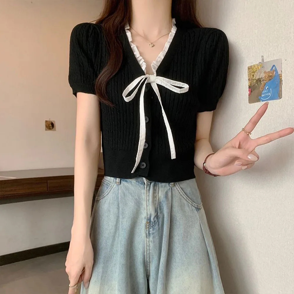 Милая футболка с оборками Y2k для женщин, вязаная футболка с v-образным вырезом, весна-лето, контрастного цвета, Ropa De Mujer, корейская мода, милые майки