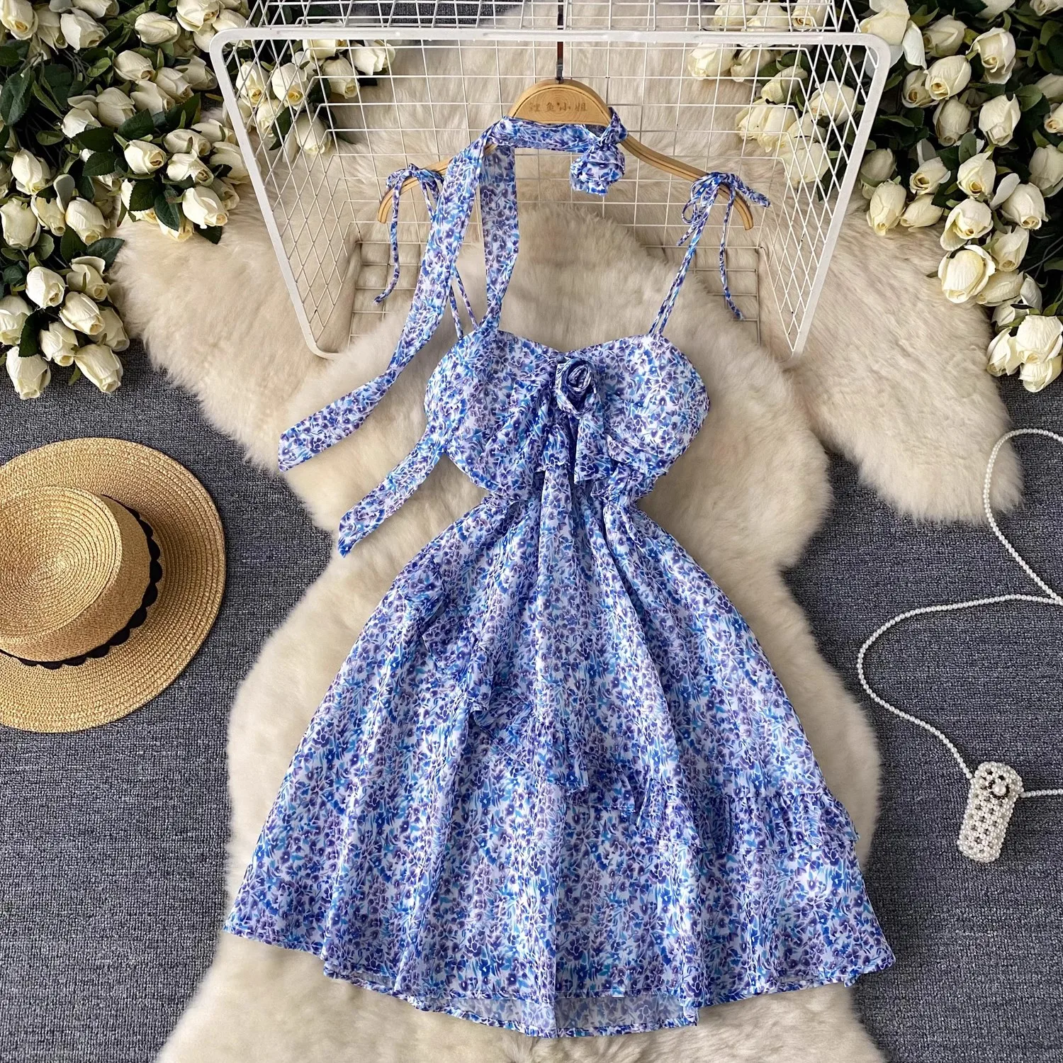 

Floral Halter Dress Ribbon Falbala Irregularity Gallus Floral Skirt French Fairy Strapless Dress With Streamers