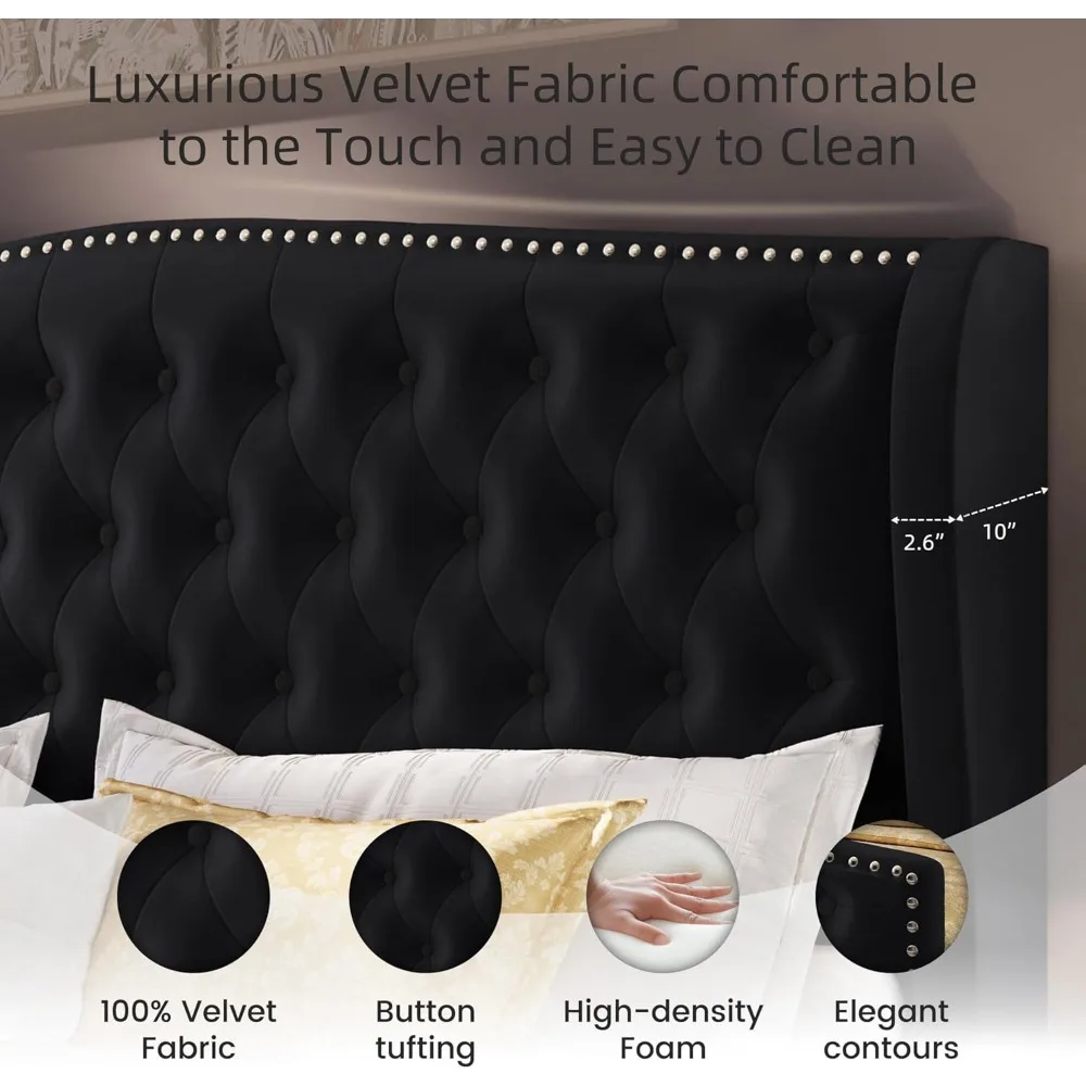 إطار سرير منجد بحجم كينغ، إطار سرير بمنصة معنقدة باللون الأسود المخملي مع لوح أمامي ولوح قدم مجنح، مع زر عميق معنقدة #5