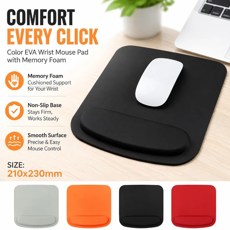 Color EVA Wrist Mouse Pad with Memory Foam, Non-Slip Wrist Support for Office and Laptop, Solid Color 210x230mm