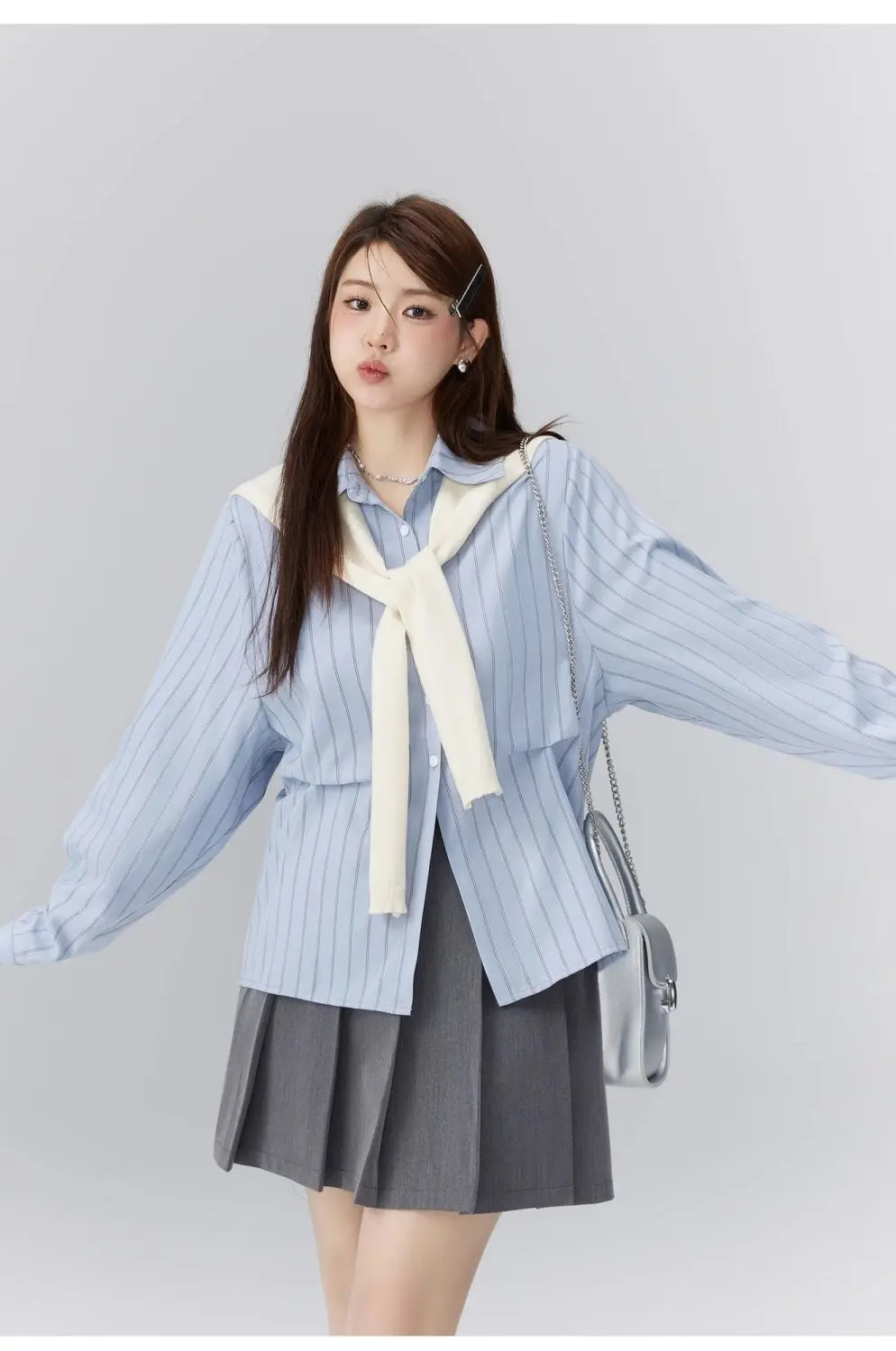 

Striped Long-Sleeved Shirt+ Shawl Two Piece Set For Women 2024 New Loose Casual Sense All-Match Tops Commuter Academy Shirt