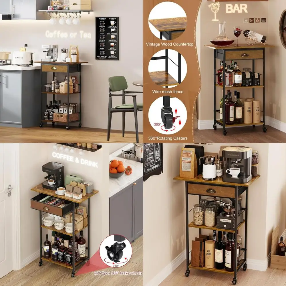 

3-Tier Storage Coffee Bar Cart with Extended Worktop, Corner Farmhouse Bar Cabinet, Entryway Living Room Home Bar Rack