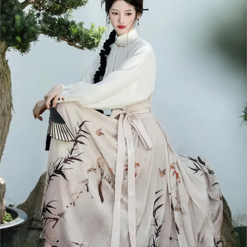 Nieuwe Chinese Stijl Verbeterde Hanfu Set Herfst Winter Inkt Bedrukt Paard Gezicht Rok Mamian Hanfu Jurk Kostuum