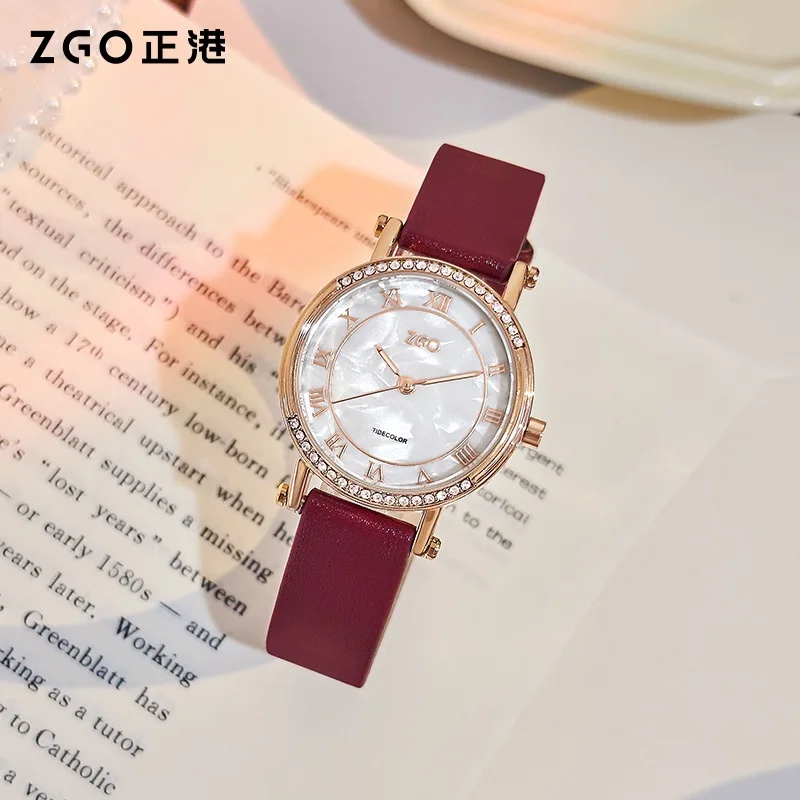 ZGO 여성용 시계, 복고풍 독특한 고급 스타일, 가죽 스트랩, 빨간색 방수 쿼츠 시계 2161