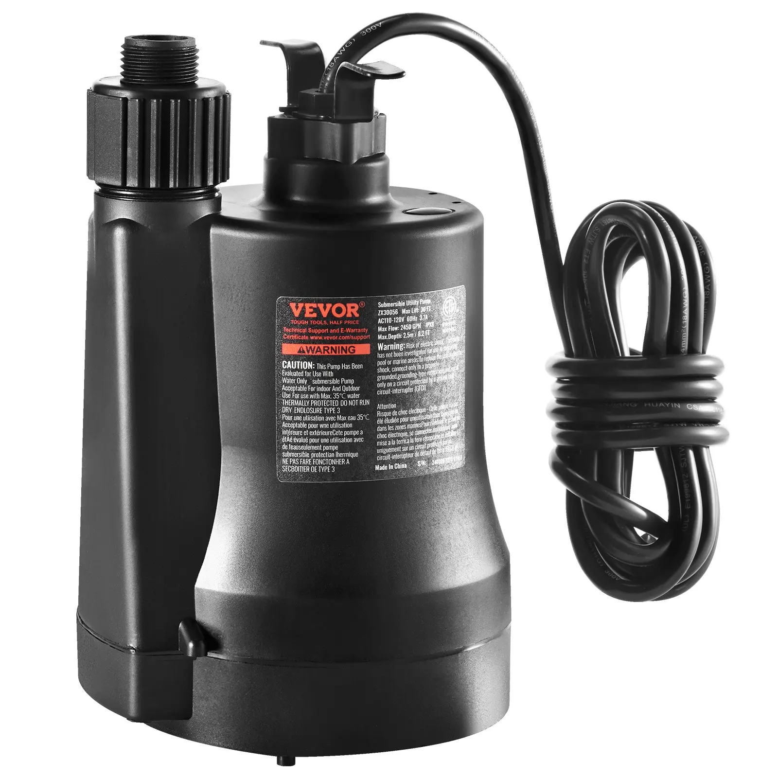 

Utility Pump, 1/3 HP, 2450 GPH High Flow, 30 Ft Head, Sump Pump Submersible Water Pump Portable Utility Pump With 10 Ft Long