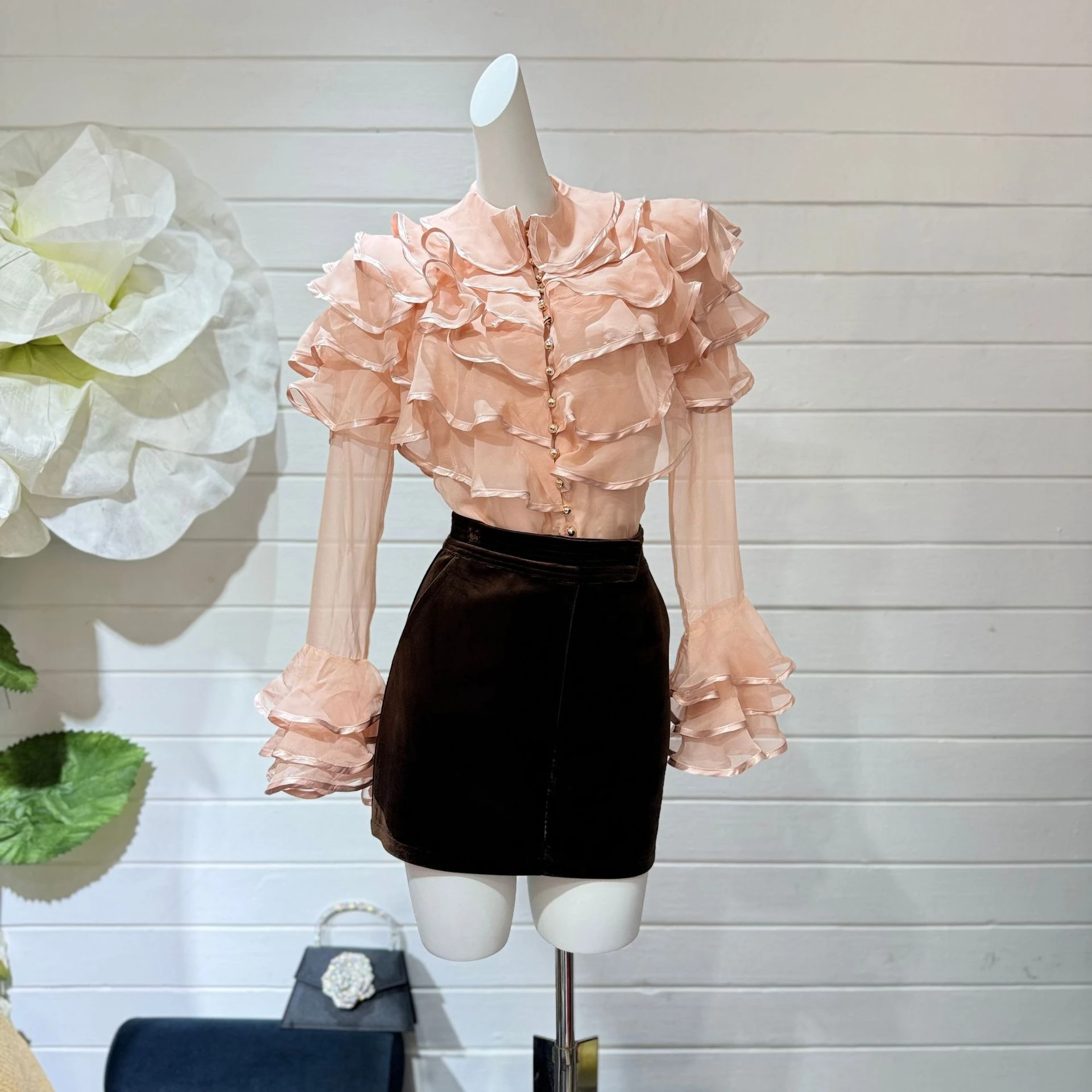 

Faionable Pink irt with Lace Collar x Perry Top New Arrival Loose Fit Long Sve Women's Premium Clothing