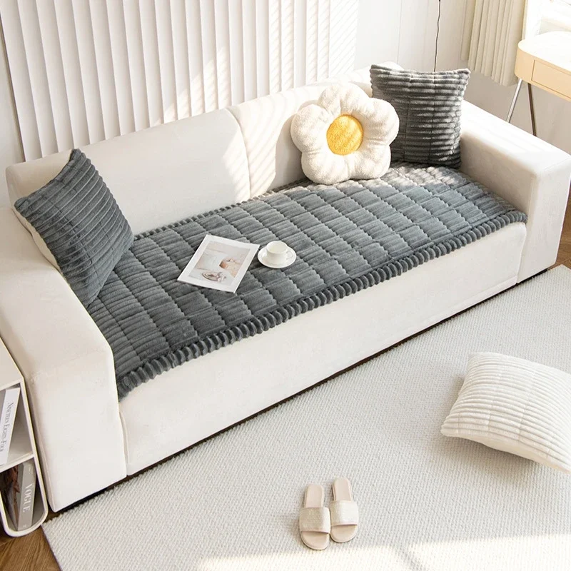 Thicken Quilting Warm Stripe Flannel Sofa Pad For Winter Living Room Sofa Towel Multiuse Sofa Cover Slipcover