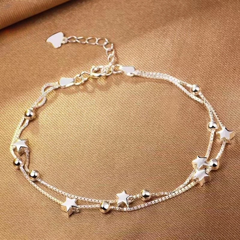 925 Sterling Silver Bead Stars Bracelets For Women Korean Fashion Double Layer Beautiful Bracelets Original Jewelry Holiday Gift